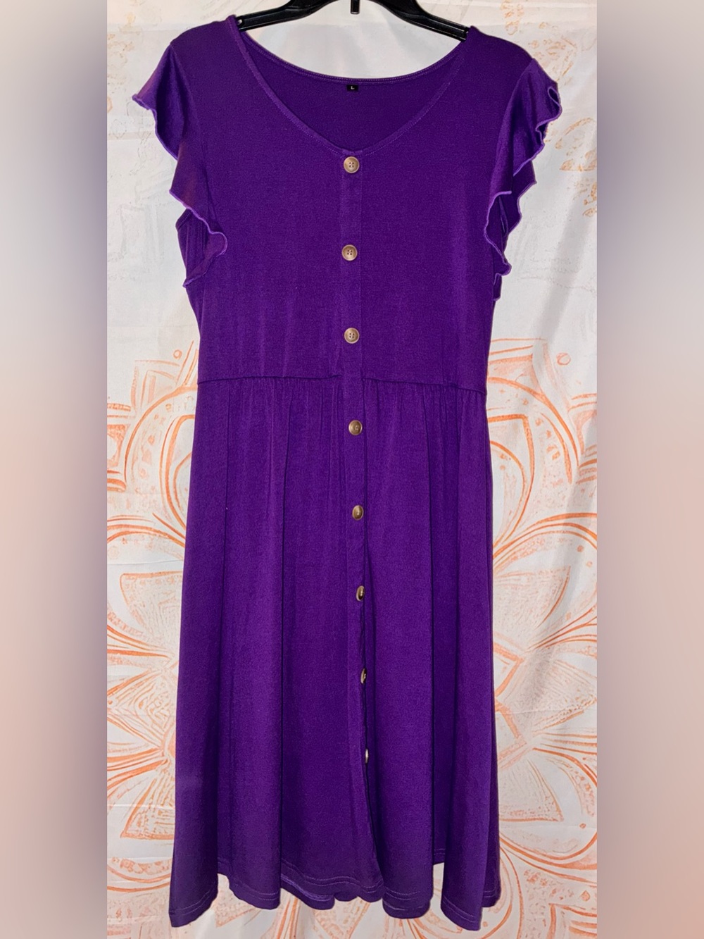 Classic Purple Faux Button-Front Midi Dress with Flutter Sleeves